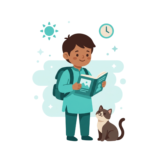 Child with a school bag holding an open picture book