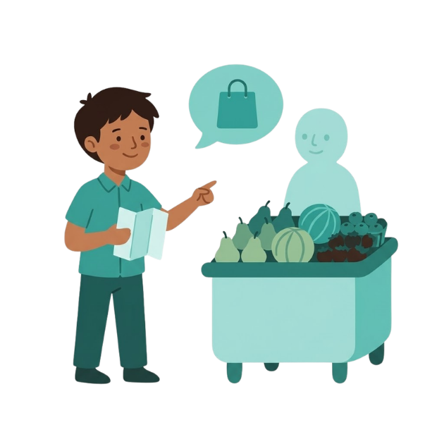 Pre-teen at a small market stall counter pointing at fruit