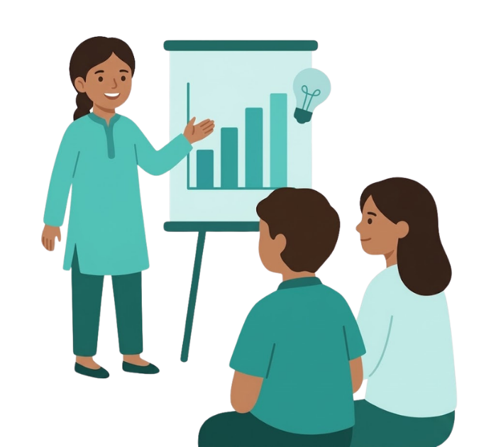 Teen standing confidently beside a presentation board